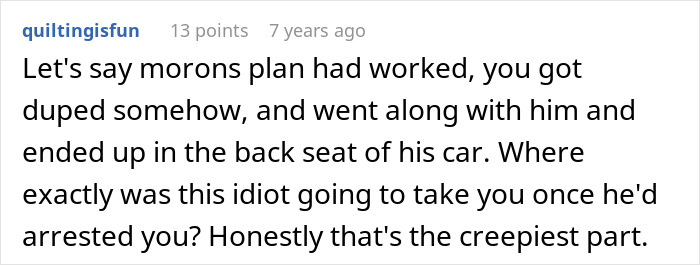 Screenshot of an online comment discussing a fake cop plot involving a homophobic MIL and a police officer boyfriend.