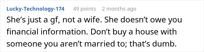 Screenshot of a user comment discussing relationship finances related to a man upset his girlfriend pretended to be broke.