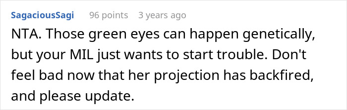 A Reddit comment offering advice on a DNA test and MIL's dark secret, suggesting the user not feel bad.