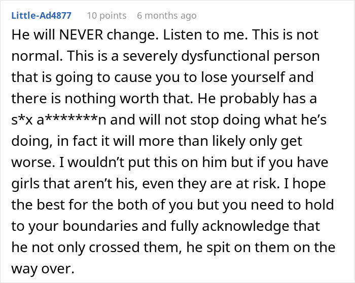 Comment warning about a dysfunctional person showing creepy and borderline predatory behavior, advising to set boundaries. Comment warning about a dysfunctional person showing creepy and borderline predatory behavior, advising to set boundaries.