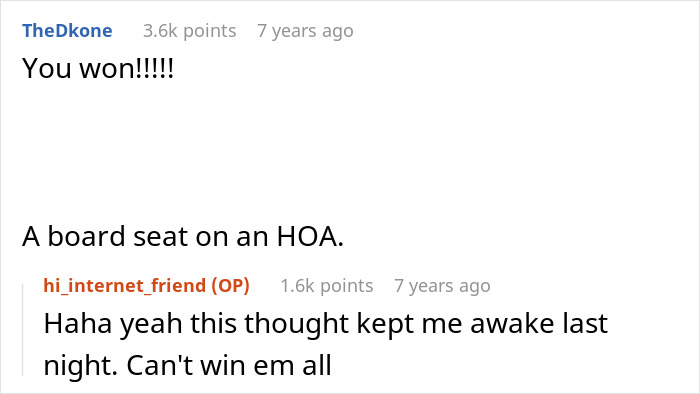 Reddit comment thread showing a user celebrating winning a board seat in an HOA after trampoline dispute.