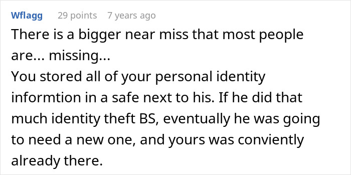 Screenshot of a comment discussing identity theft in relation to a criminal and cheater exposed by his ex-girlfriend.