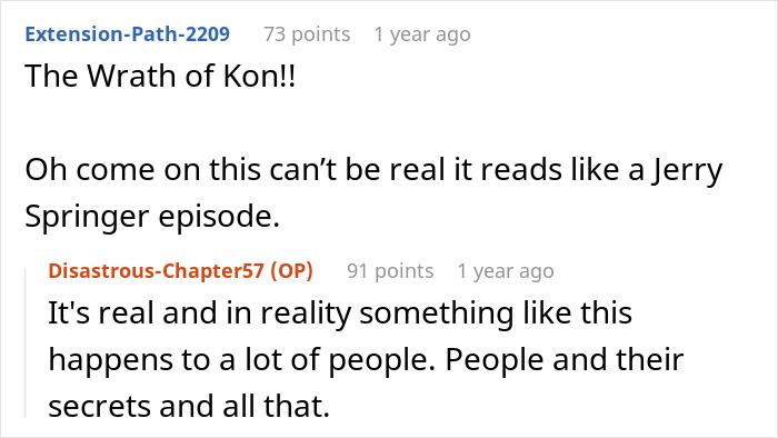 Screenshot of Reddit comments discussing a real-life story about a lady facing karma after cheating with her sister&rsquo;s baby daddy.