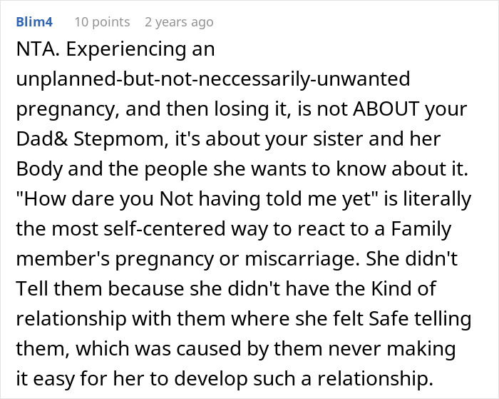 Reddit comment providing advice regarding family relationships, pregnancy, and a difficult Stepmom situation.