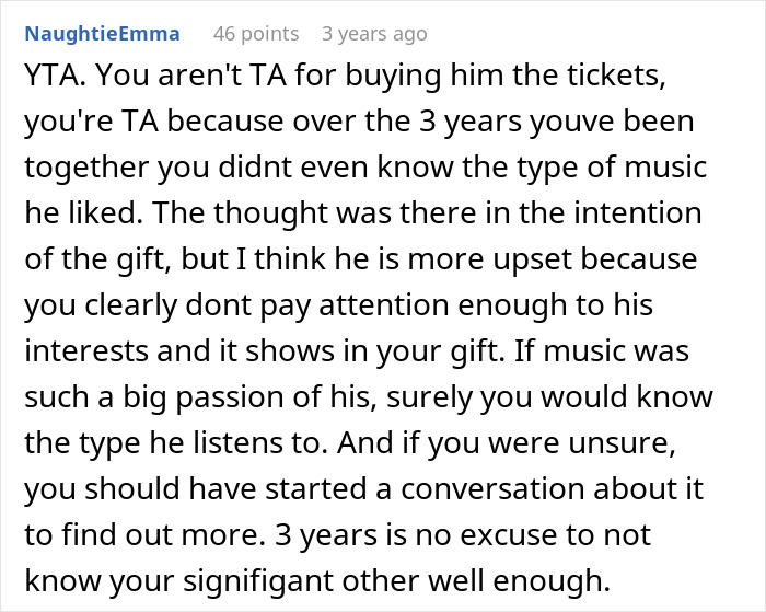 Comment discussing a woman buying concert tickets for boyfriend who loves bands, highlighting his upset reaction.