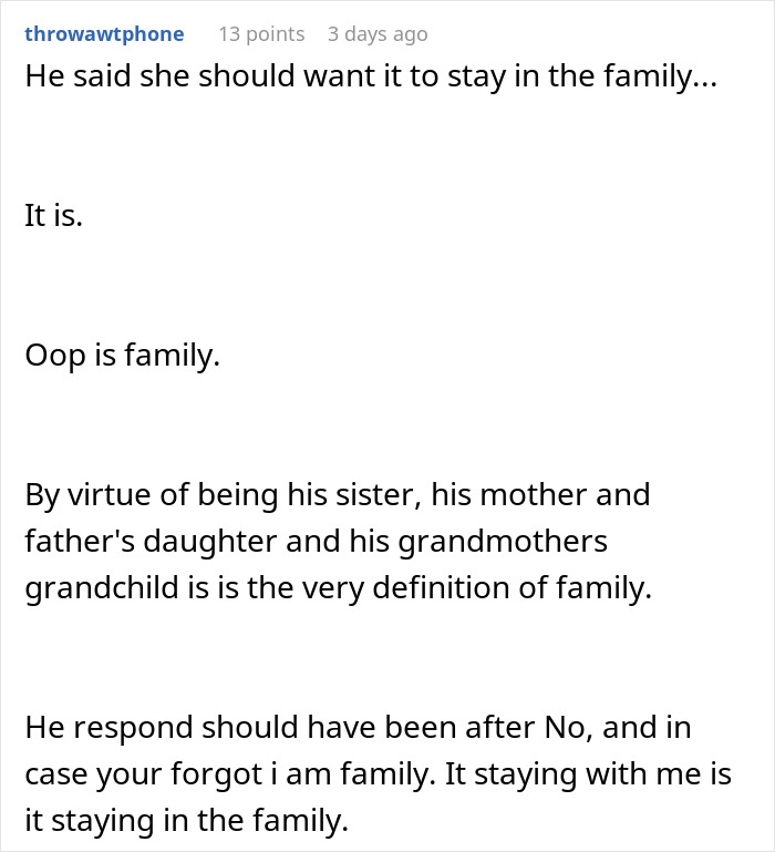 Screenshot of a forum discussion where a brother demands sister give up an heirloom ring for his proposal.