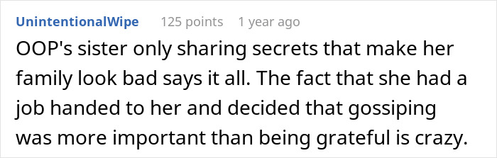 Text post about CEO hiring her sister after downsizing, revealing the true reason she lost her job through family secrets.