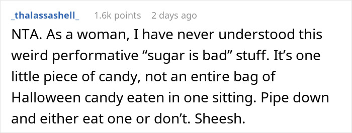 Screenshot of a social media comment discussing the performative candy eating routine at the office.