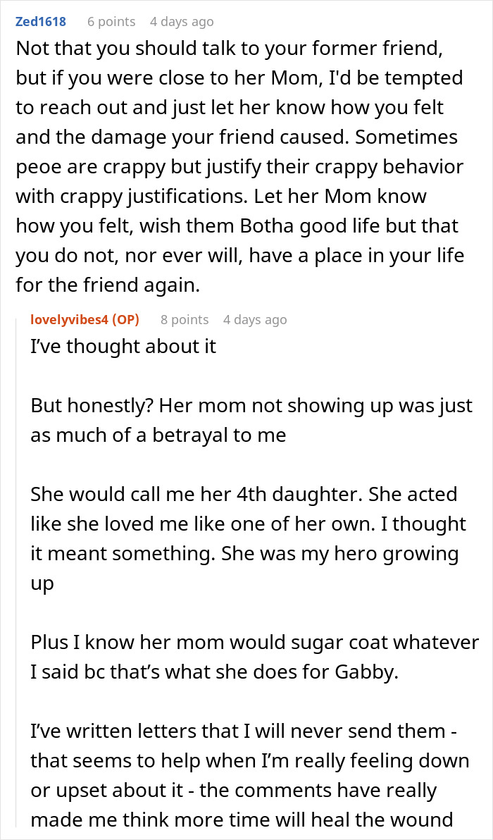 A Reddit thread discussing a friend skipping a wedding and the heartbreak it caused, with users giving advice.