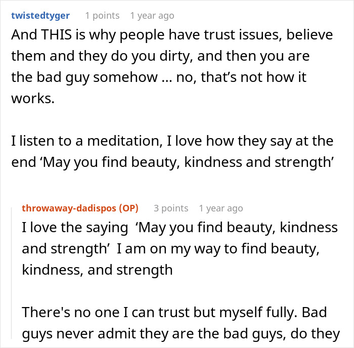Reddit comments reflecting on betrayal and trust issues, keywords wife and dad confessed.