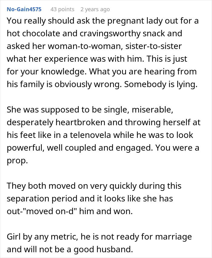 A Reddit comment discussing a man who refuses to sign divorce papers, as his childfree ex now has a baby bump.