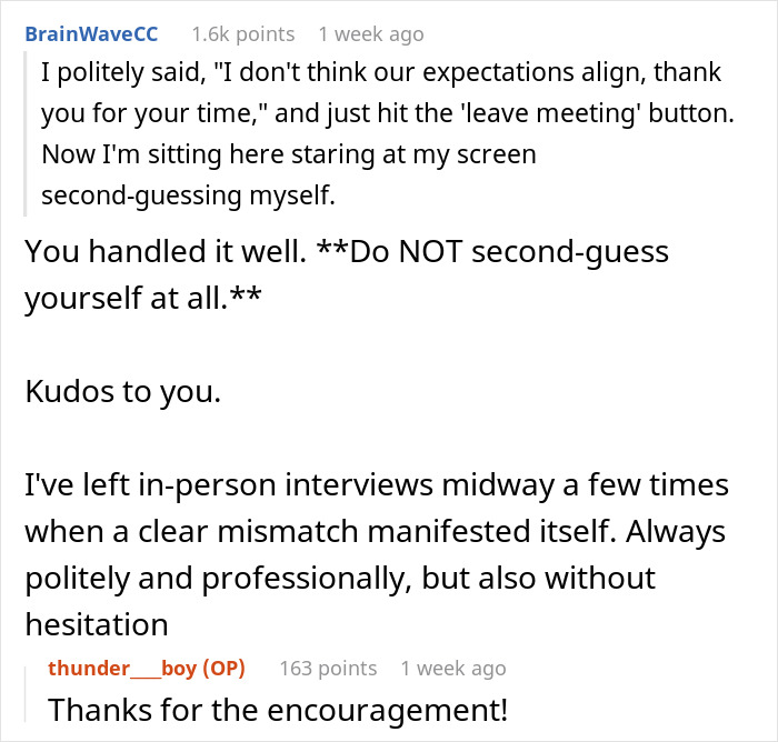 A Reddit post showing comments on a job candidate hanging up mid-interview due to a company offer.