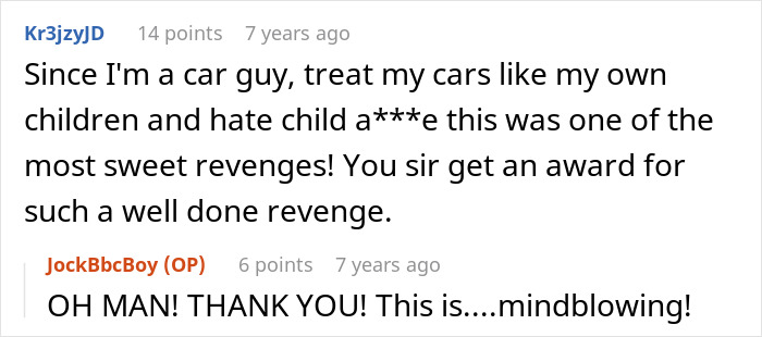 Screenshot of an online comment where a user praises a car guy's sweet revenge involving an entitled woman's damaged car.