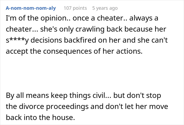 A screenshot of a Reddit comment advising against canceling a divorce, highlighting consequences for ruining a marriage.