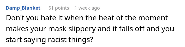 A Reddit comment by Damp_Blanket about the heat of the moment causing masks to slip and people to say racist things.