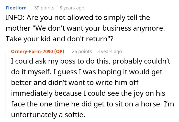 Screenshot of a Reddit thread about a disruptive kid and his toxic mom at a stable.