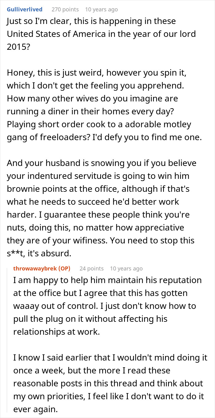 A forum post about a husband who blows up at his wife when she confronts him about having to cook breakfast for his colleagues.