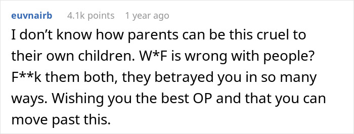 A Reddit comment, "I don't know how parents can be this cruel to their own children." Reflects betrayal.