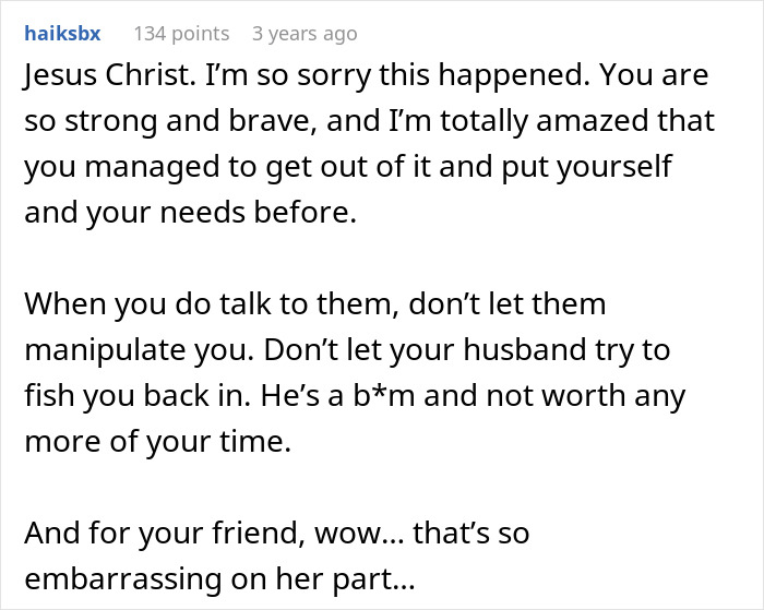 A Reddit comment supporting a woman discovering her husband and best friend's affair, advising her to prioritize herself.