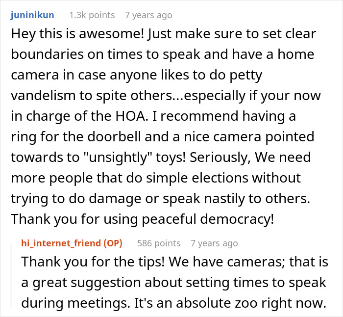 Comment discussion about HOA demands and advice on handling HOA board elections with cameras and boundaries.