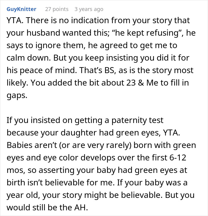 A reddit post discussing a woman getting her daughter a DNA test, revealing a dark secret about infidelity.