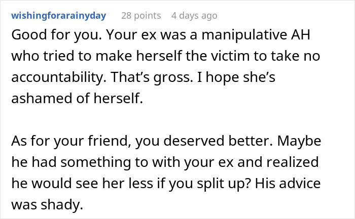 A comment on a post about a gut feeling about wife and male coworker, discussing a manipulative ex and shady friend.