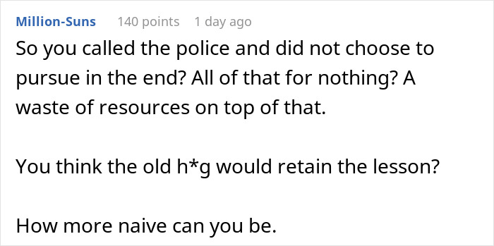 Comment discussing calling the police after a fight over a parking spot with an old lady.