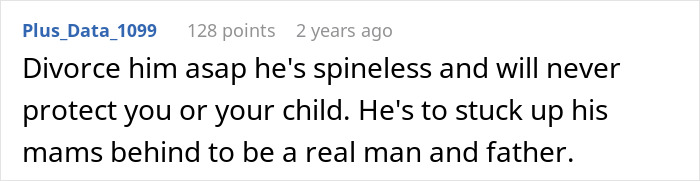 A Reddit comment advising divorce due to a man's inability to protect his family, relating to donor baby struggles.