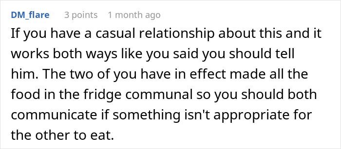 A Reddit comment on roommate communication, relevant to Muslim roommates and food prepared with bacon fat.