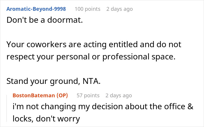 Reddit comments discussing locking school office. Staff user replies "don't worry."