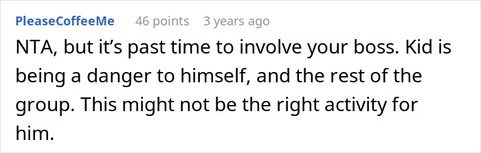 A Reddit comment advising involving a boss because a disruptive kid is a danger. Discussion of a toxic mom.