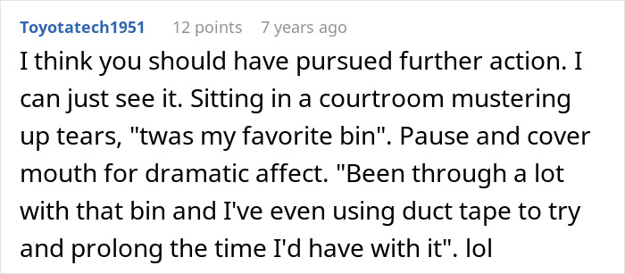 Screenshot of a comment thread discussing a man&rsquo;s revenge on a honking driver involving an ice-filled bin and police intervention.