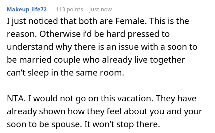 Comment discussing a woman&rsquo;s dilemma over mother controlling sleeping arrangement with wife-to-be in a relationship issue.