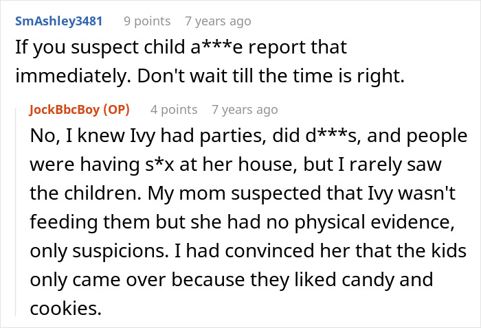 Alt text: Online discussion about reporting child a***e and suspicions regarding neglected children in a troubled household.