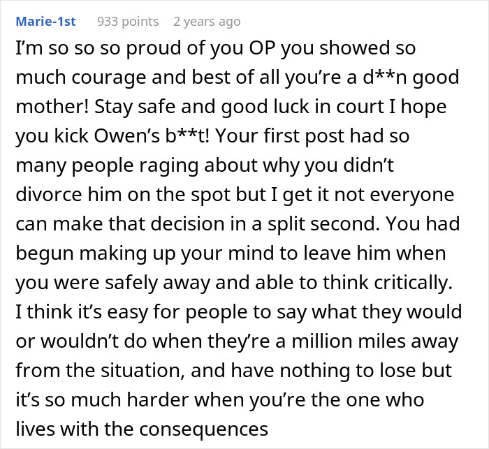 A Reddit comment, Marie-1st, supporting a woman whose donor baby caused family ruin and a husband to not see her as his daughter.