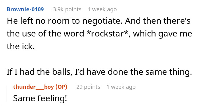 A screenshot of Reddit comments. Brownie-0109 states, He left no room to negotiate. Job candidate literally speechless.