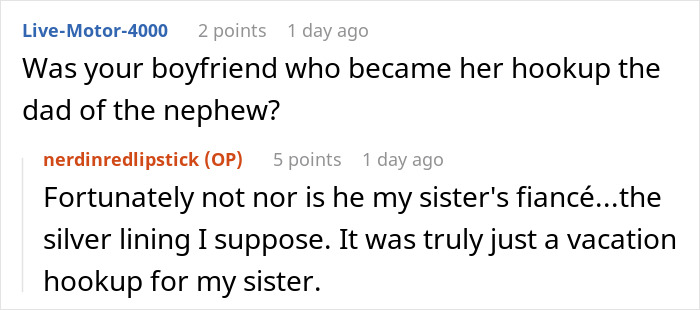 Conversation text about lady hooking up with sister&rsquo;s boyfriend and family drama before wedding.