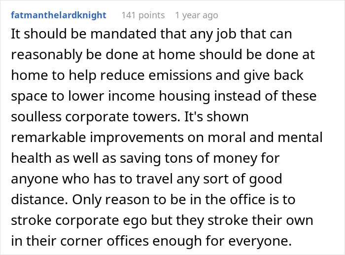 Comment about mandating work from home to reduce emissions, improve mental health, and avoid long commutes after WFH canceled. Comment about mandating work from home to reduce emissions, improve mental health, and avoid long commutes after WFH canceled.