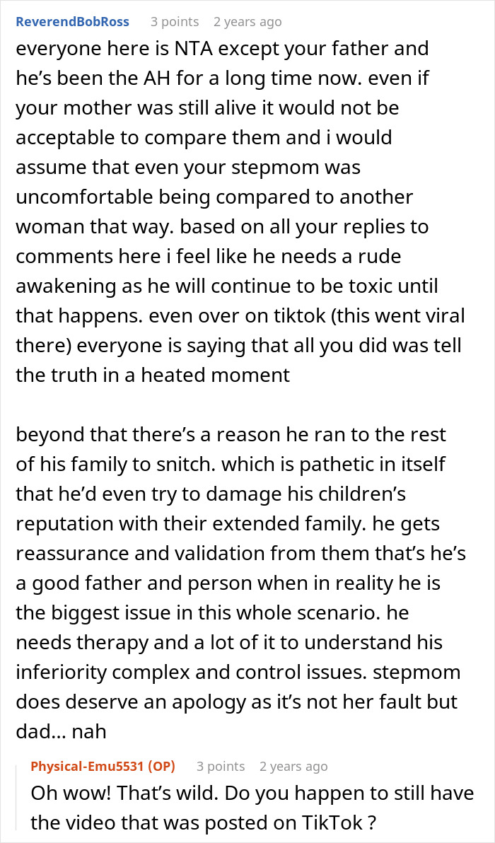 A Reddit comment thread on a white background discusses a dad pushing kids to replace their late mom with a stepmom.