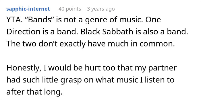 Screenshot of a comment discussing music bands and a partner buying concert tickets for boyfriend&rsquo;s birthday reaction.