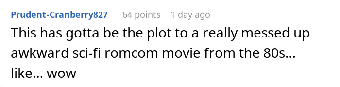 Reddit comment expressing shock about a sci-fi romcom plot from the 1980s involving a science experiment.