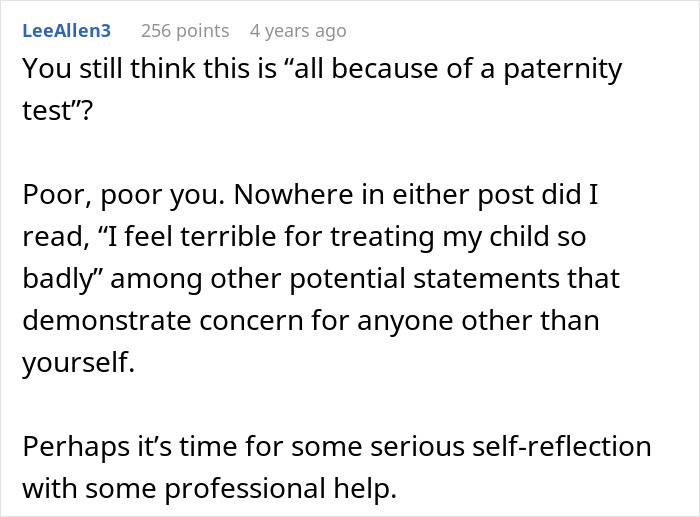 A Reddit comment questioning if a paternity test is the sole reason for losing one's whole family, suggesting self-reflection.