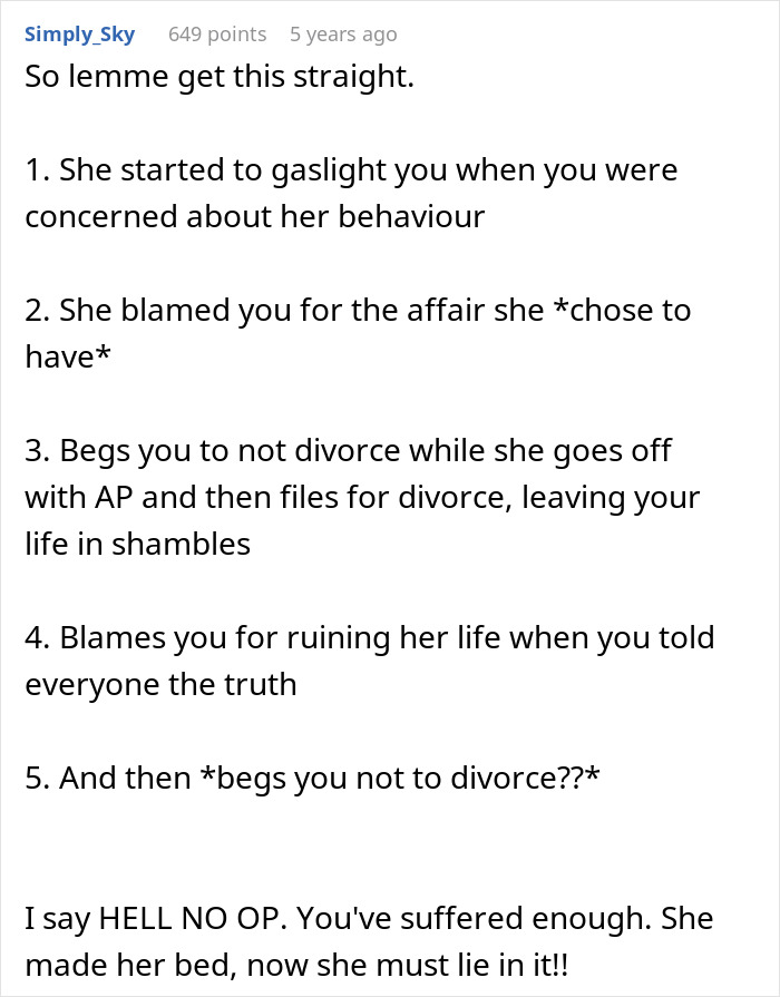 A list outlining a woman's actions: gaslighting, blaming for an affair, and begging to cancel the divorce.