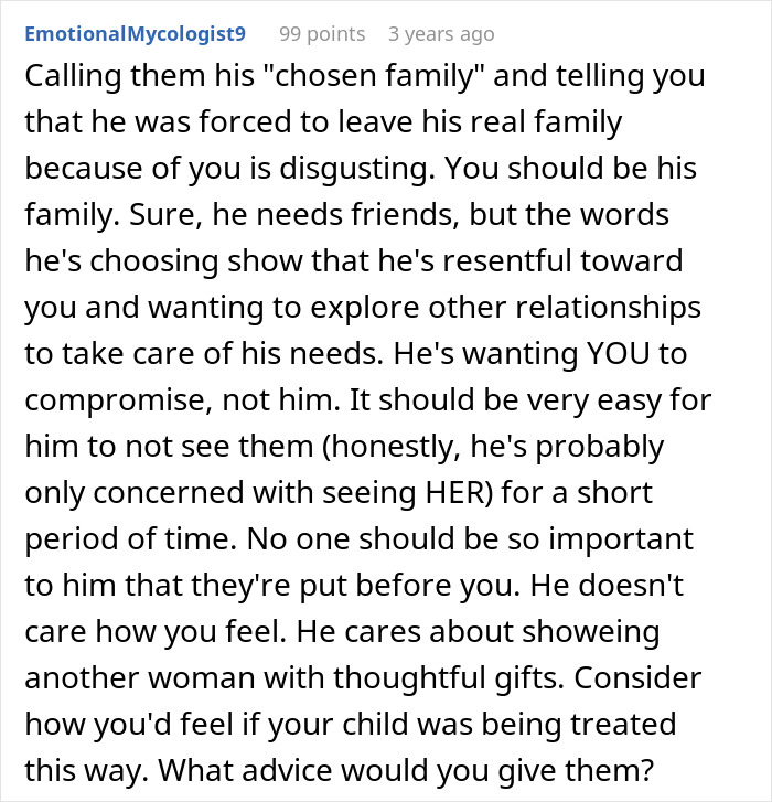 Comment discussing husband neglecting pregnant wife after choosing his chosen family over her feelings and needs.