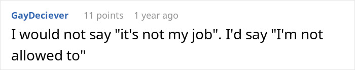 Screenshot of a user comment discussing proper wording when explaining job responsibilities in a work setting.