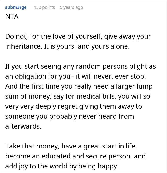 Comment advising daughter not to share inheritance with stepmom who demands equal inheritance despite dad leaving everything to daughter.