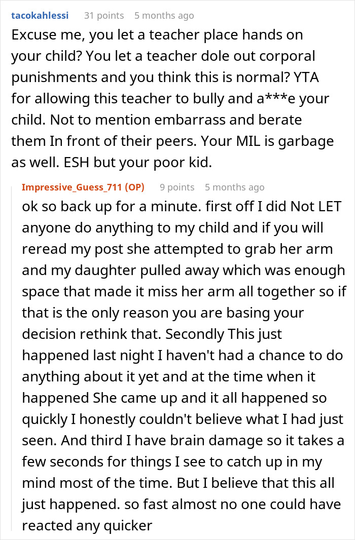 Online discussion showing a teacher grabs kids in front of mom, with heated debate over the school's behavior.