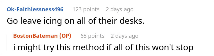 A screenshot of a Reddit comment thread about school office staff. One user suggests leaving icing on desks, addressing issues with locking.