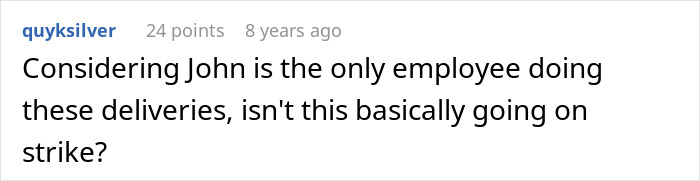 Comment on a forum post discussing helping an overworked and underpaid friend, questioning if refusing deliveries is like going on strike.