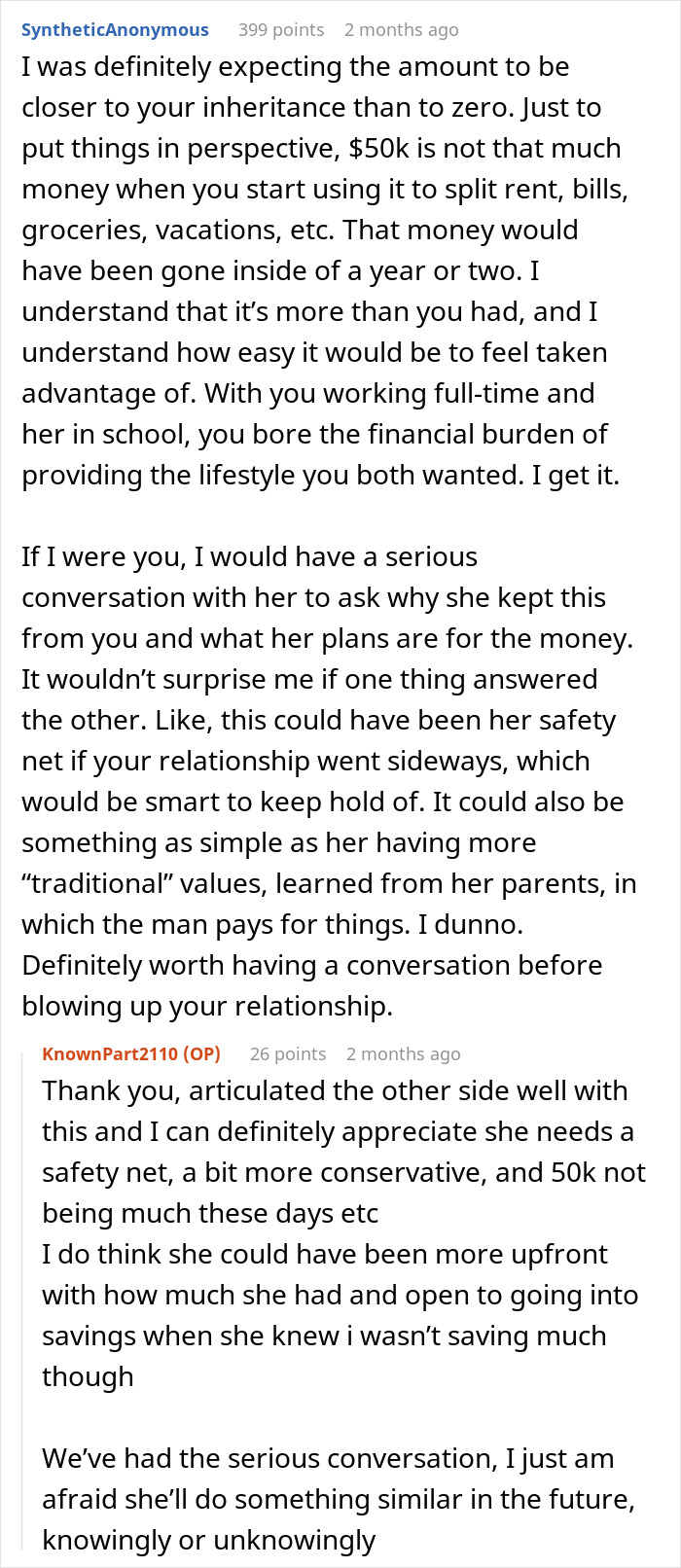 Screenshot of a Reddit conversation about a man upset his girlfriend pretended to be broke with $50K in savings.